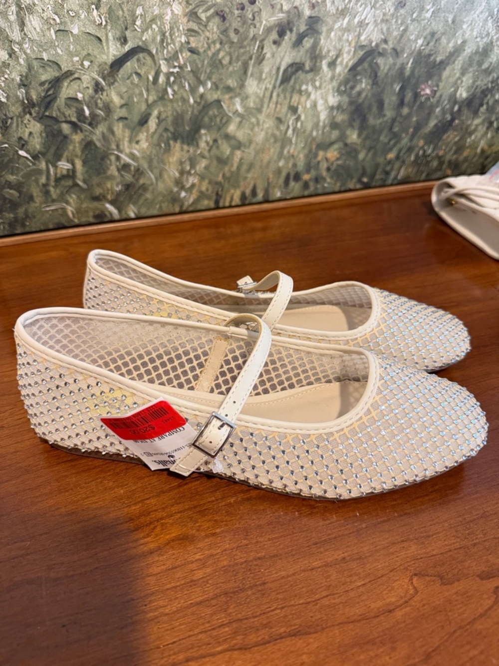 Sparkle Mesh Mary Jane Flats - beige